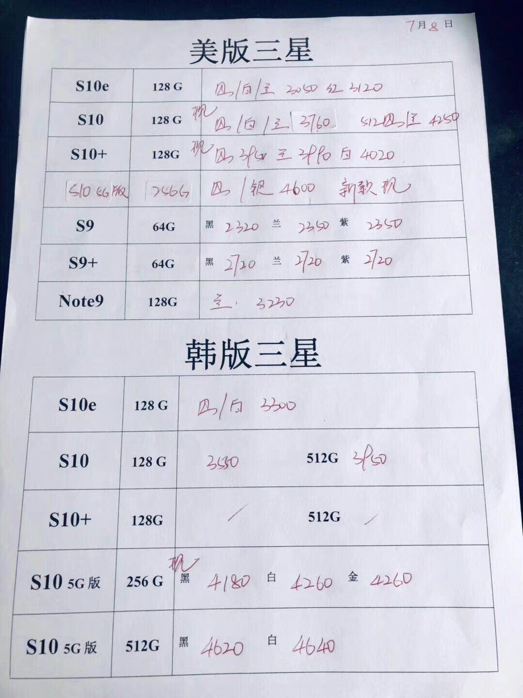 20190708-三星韩版5G S10  s10e note10美版全套报价单.jpg