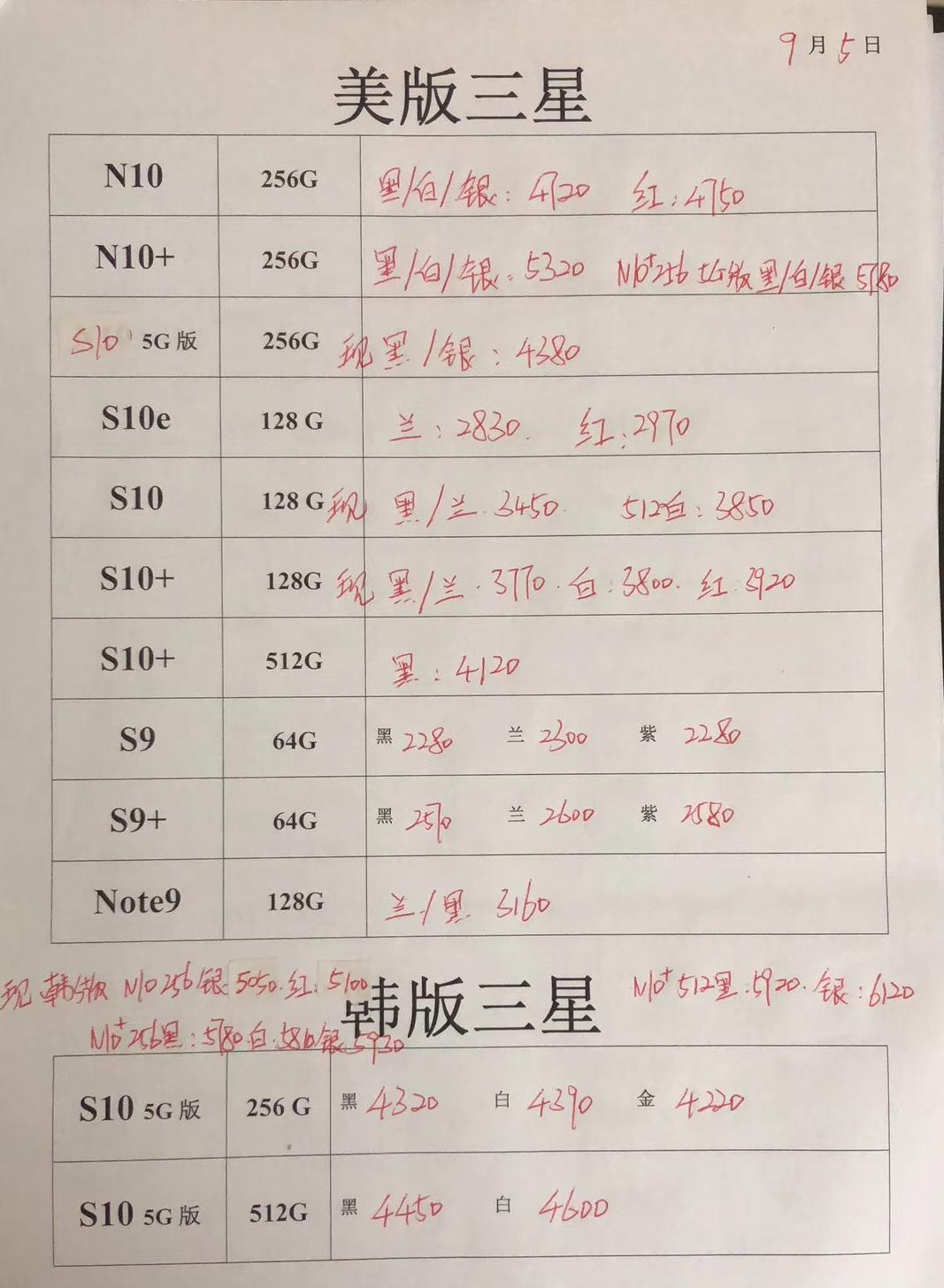 20190905-三星韩版5G-S10 -s10e-note10美版全套报价单.jpg
